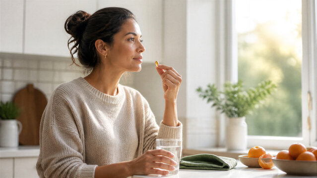 Woman holds a capsule near her mouth, ready to take a supplement. She sits at a sunlit kitchen counter with a glass of water.