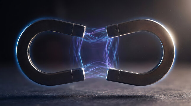 Two horseshoe magnets attracting with glowing magnetic field