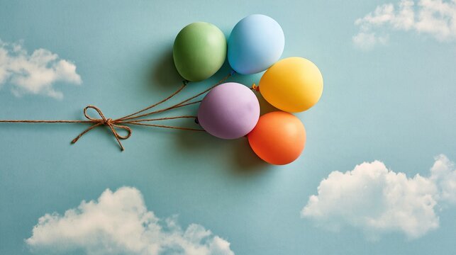 Flat lay creative composition of five pastel colored balloon shaped Easter eggs tied with brown rope bow on light blue cloud background for spring holiday celebration