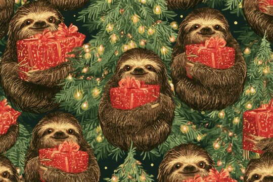 Christmas Seamless Pattern Sloths Holding Red Presents Among Decorated Trees With Lights