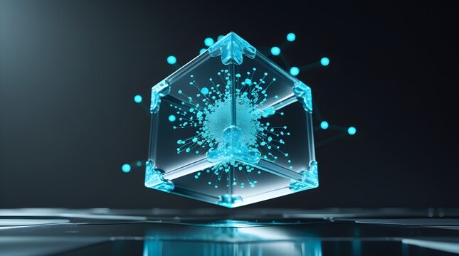 Abstract Floating Neural Network Data Cube with Glowing Light Nodes & Ample Left Copy Space