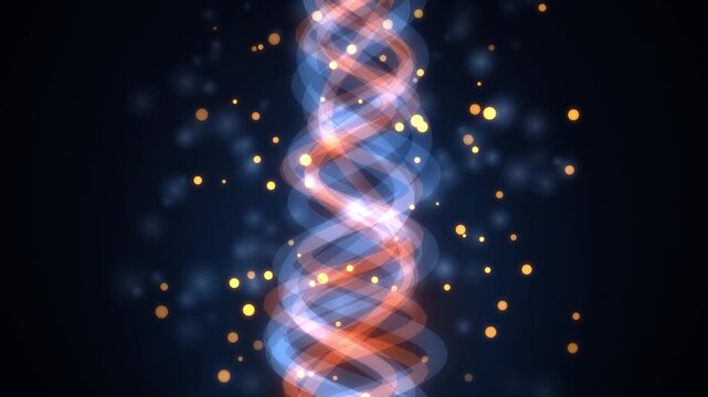 Dynamic glowing light helix twisting with bright floating particles on a dark futuristic energy backg