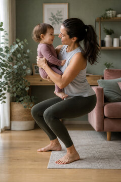 Woman doing squat exercise holding toddler at home. Smiling mother workouts with baby in cozy living room. Postpartum fitness and healthy active parenting lifestyle concept.