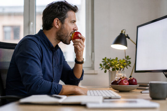 Man eating apple while working at desk with computer. Healthy snack during office break for businessman. Balanced diet, wellness and productivity concept.