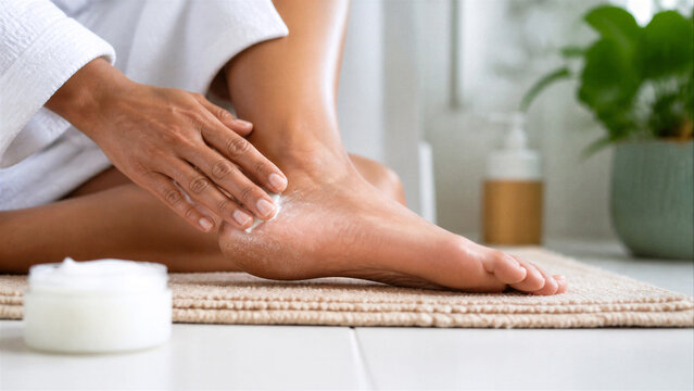 Woman applying moisturizing cream on dry foot heel. Home skincare routine in bright bathroom with cozy towel and cream jar. Pedicure care and body treatment concept.