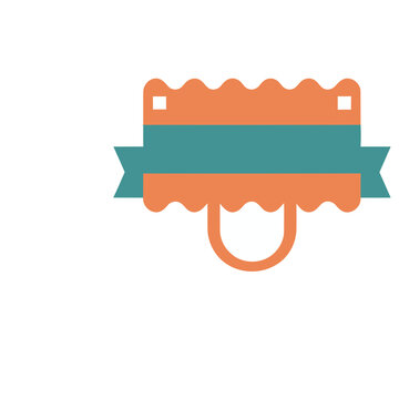 Orange and teal ribbon badge with white elements