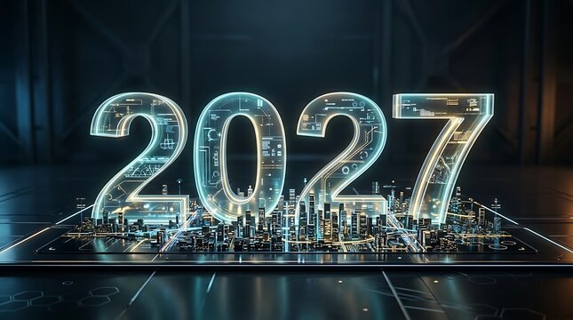 Futuristic holographic 2027 glowing over a digital smart city
