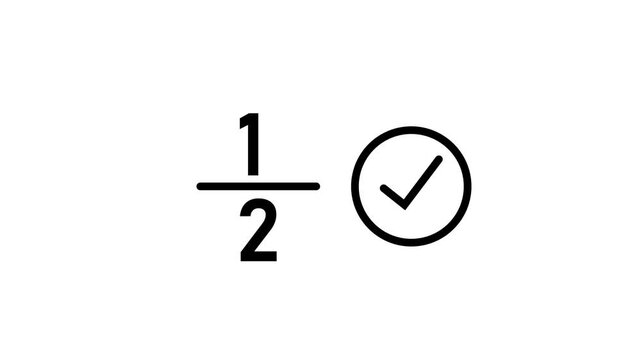 One half fraction presented with checkmark symbol motion graphic animation and countdown timer