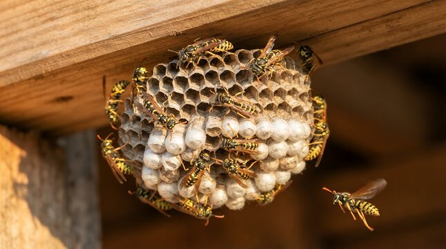 Wasp nest with paper wasps on wooden beam, active hornet hive under roof, pest control and entomology concept, yellow jacket colony in attic