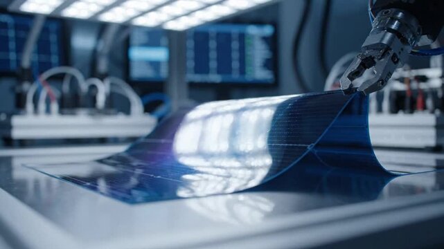 Robotic arm holding flexible solar panel prototype glowing brightly inside modern laboratory