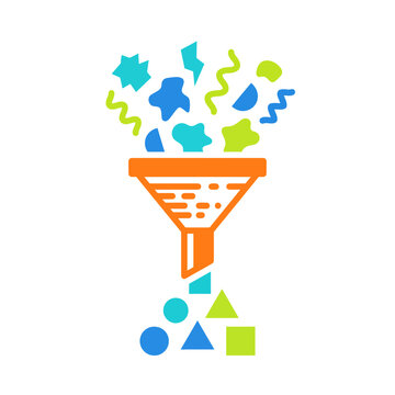 Data processing funnel icon transforming messy shapes into order