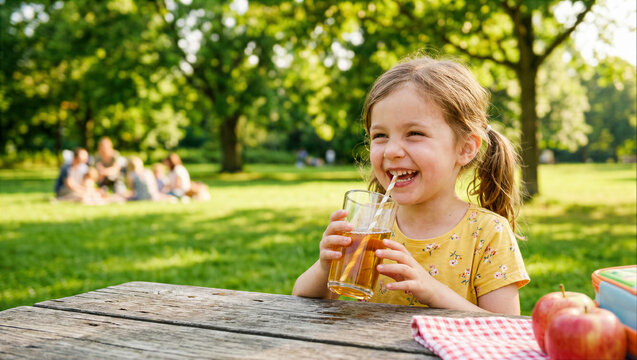 Child, happy girl drinking juice and laughing at wooden picnic table in park, enjoying summer family outing.