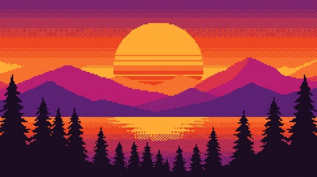 8-bit pixel art background of a serene mountain lake at sunset with pine tree silhouettes game asset.