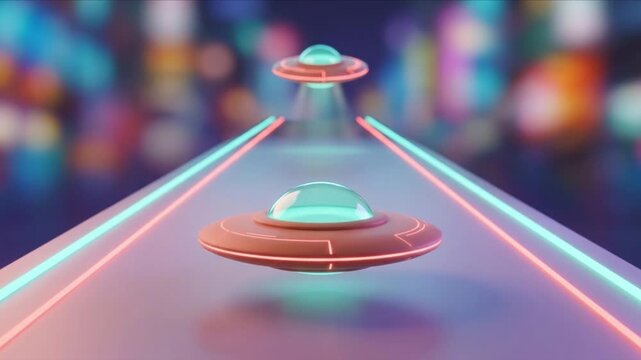 未来のUFO型宇宙船が誘導路から滑空上昇する3Dアニメーション映像