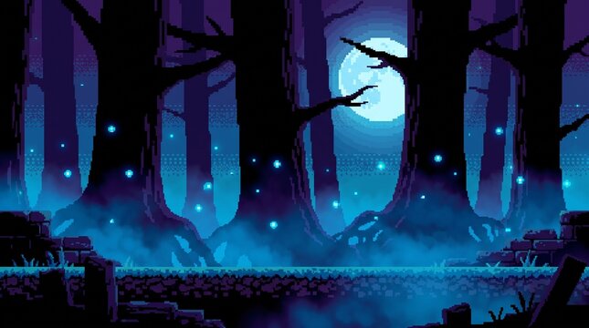 8-bit pixel art background of a dark mystical forest at night with a full moon and blue mist game asset.