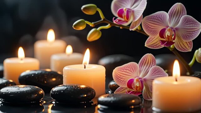 Wellness - Relaxing spa background with lit candles, wet black smooth stones and beautiful pink and white orchid flowers for meditation and massage therapy