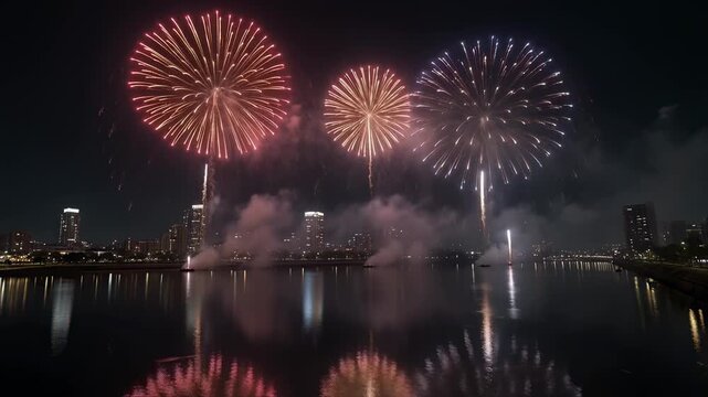 Travel - Colorful Fireworks Exploding Over City Skyline and River at Night