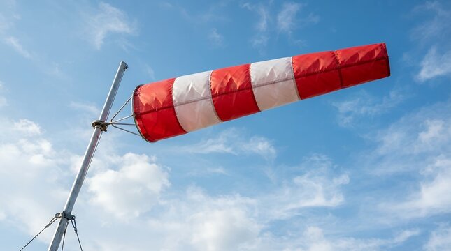 Red and white striped windsock against blue sky, aviation wind direction indicator on metal pole, meteorological weather vane for airport safety