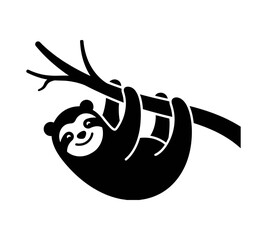 Fototapeta premium Black sloth hanging from tree branch silhouette icon for jungle wildlife graphic art.