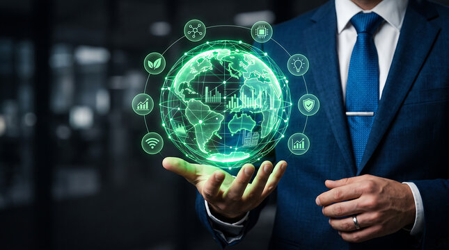 Businessman holding a glowing digital earth hologram with icons