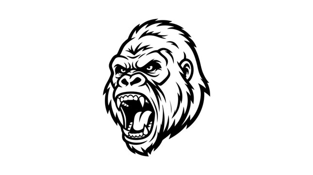 Roaring gorilla ape head black and white mascot.