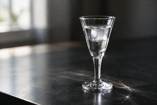 A single cone-shaped glass with clear liquid and a melting ice cube on a dark surface.