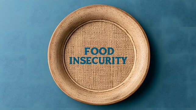 Food insecurity text in a wooden plate with burlap texture on blue background. Editorial concept for hunger and poverty awareness.