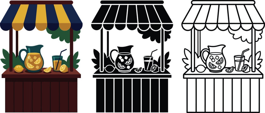 Lemonade stand graphic with pitcher and lemons, summer beverage sales illustration.