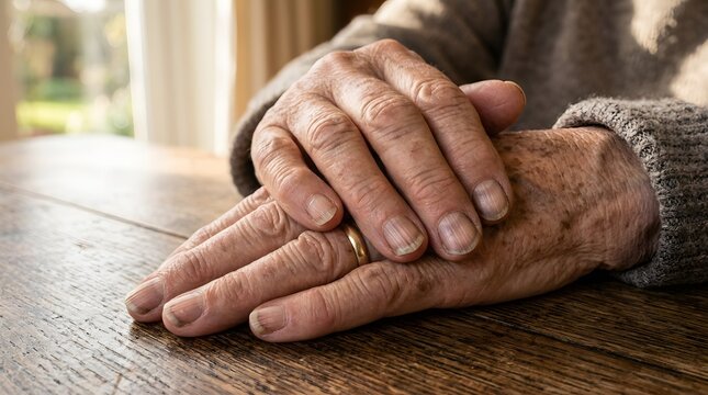 Close-up of Elderly Hands with Wrinkles and Wedding Ring Resting on Wooden Table