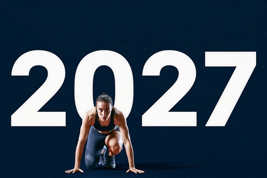 Athletic woman in dynamic starting pose with oversized 2027 numbers, concept of entering the New Year with new goals, fitness challenges, determination and personal growth