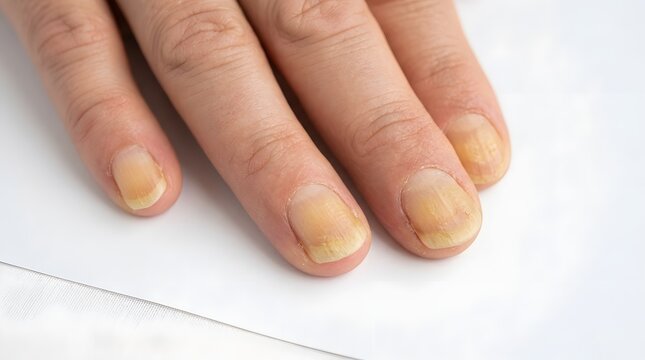 Close-up of Fungal Nail Infection on Human Fingers with Yellow Discoloration
