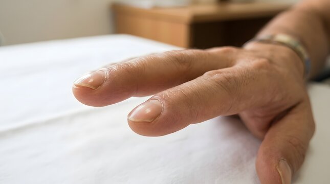 Close-up of Male Fingers Showing Signs of Nail Clubbing on White Surface