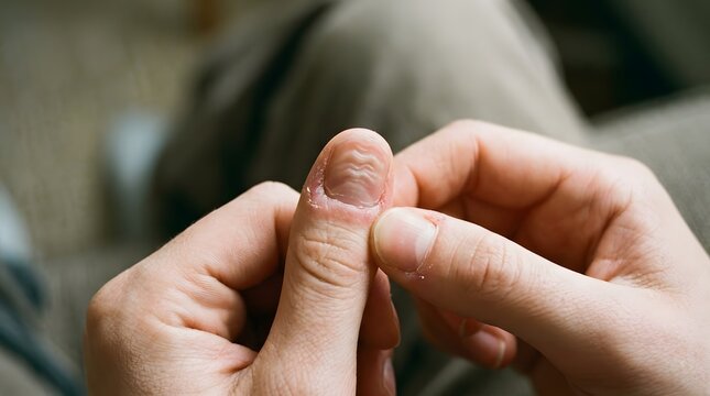 Macro View of Human Thumb Fingernail showing Vertical Ridges and Dry Cuticle
