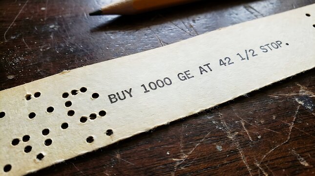 Historic punched paper tape conveys a financial stock market trading instruction.