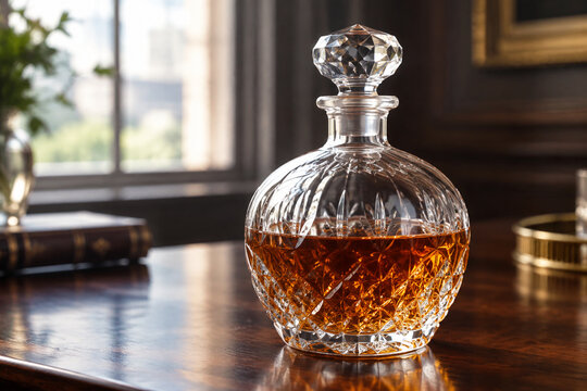 A classical cut-glass decanter resting on a dark wood surface, softly lit by window light.