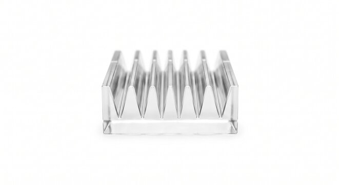 Optical fiber V-groove array block. Micro-machined fused silica with parallel alignment channels. Photonic integrated circuit hardware isolated on white.