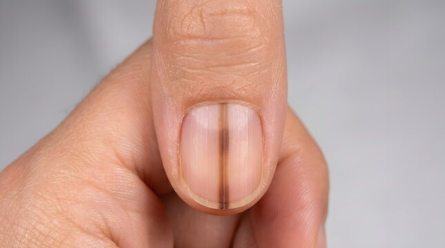 Macro Close-up of Longitudinal Melanonychia Vertical Dark Line on Fingernail Medical Dermatology Concept