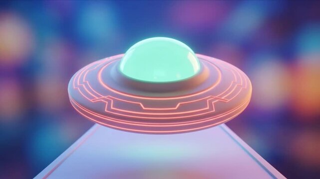 未来のUFO型宇宙船が誘導路から滑空上昇する3Dアニメーション映像