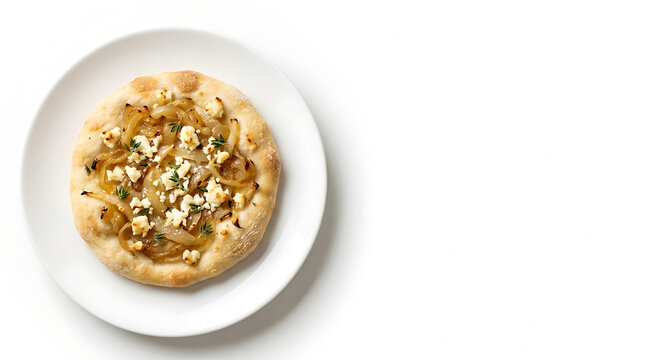 Flatbread pizza topped with caramelized onions and feta cheese on white plate for food bloggers and recipe designers