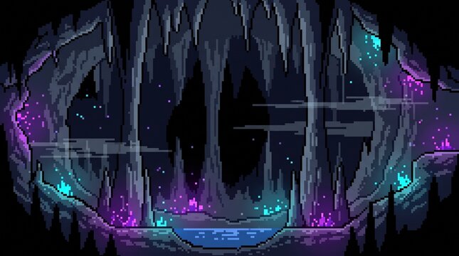 8-bit pixel art background of a dark subterranean cave with glowing crystals game asset.