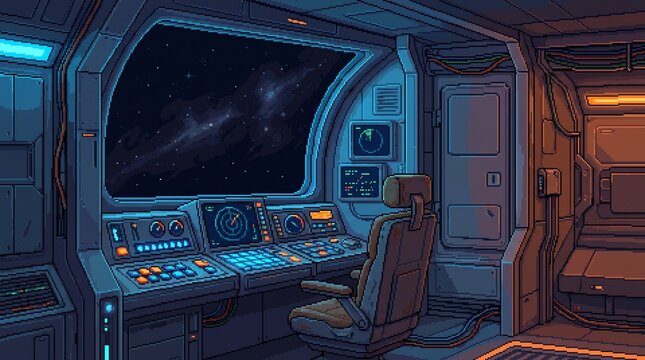 8-bit pixel art background of a retro space cabin interior looking out into deep space game asset.