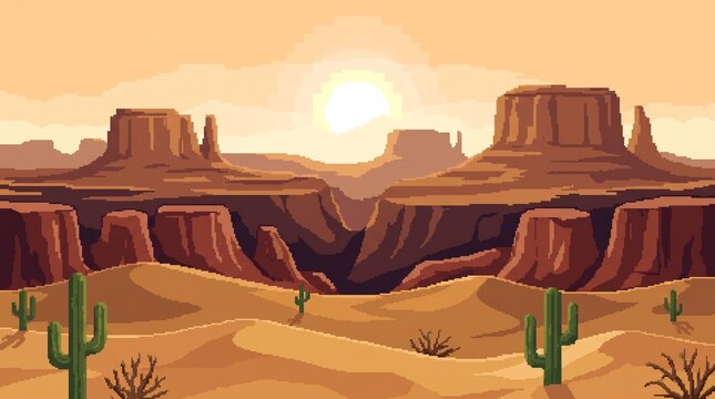 8-bit pixel art background of a vast sunlit desert with rock canyons and cacti game asset.