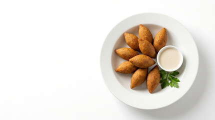 Fototapeta premium Golden fried kibbeh pieces arranged on white plate with parsley garnish and creamy dip