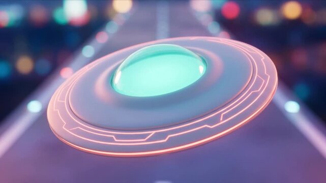 未来のUFO型宇宙船が誘導路から滑空上昇する3Dアニメーション映像