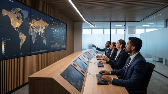 Diverse team of corporate business analysts working at a console in a modern security operations center monitoring a global threat heatmap on a video wall