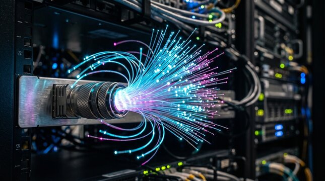 Glowing Fiber Optic Cable Bundle in Dark Data Center