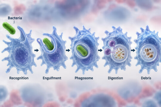 Phagocytosis by macrophage engulfing bacteria stepwise process recognition engulfment phagosome digestion debris innate immunity biomedical immunology illustration educational diagram