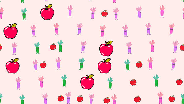 Seamless pattern of apples and stylized plants