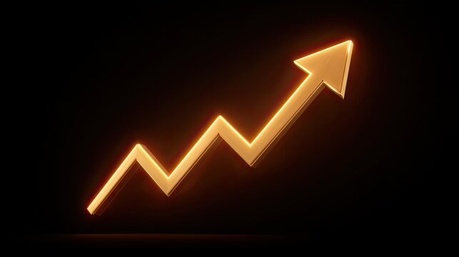Golden neon rising zigzag arrow on dark grid background, financial growth trend concept