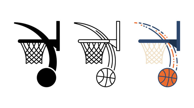 Basketball hoop icon set showing various styles with bouncing ball trajectories in flat vector art.